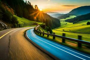 a winding road in the mountains with the sun setting. AI-Generated photo