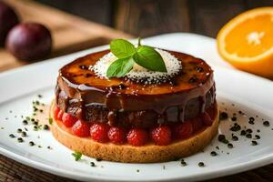 a dessert on a white plate with fruit and mint. AI-Generated photo