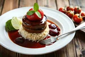 a plate with a meat dish and strawberries. AI-Generated photo