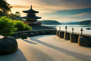 un japonés pagoda se sienta en el apuntalar de un lago. generado por ai foto