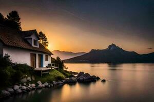 a house sits on the shore of a lake at sunset. AI-Generated photo