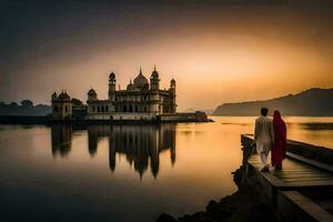 a couple in red saris stand on the edge of a lake at sunset. AI-Generated photo
