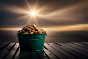 a bucket of nuts on a wooden table with the sun shining. AI-Generated photo