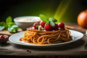 spaghetti with raspberries and mint leaves. AI-Generated photo
