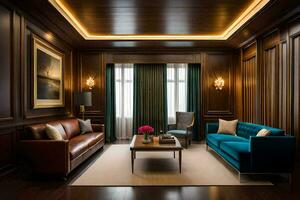 el vivo habitación tiene un de madera panelado techo y un azul sofá. generado por ai foto