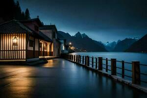 un casa en el agua a noche con montañas en el antecedentes. generado por ai foto