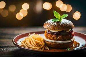 a hamburger with cheese and tomato on a plate. AI-Generated photo