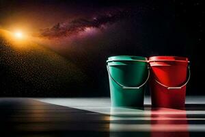 two buckets of paint are sitting on a floor. AI-Generated photo