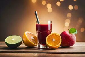 a glass of juice with oranges, apples and lime. AI-Generated photo