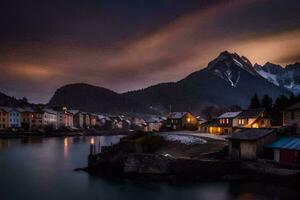 foto fondo de pantalla el cielo, montañas, lago, casas, el noche, el montañas, el lago. generado por ai