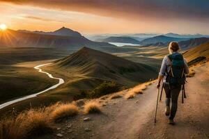 a woman with a backpack walks along a dirt road in the mountains. AI-Generated photo