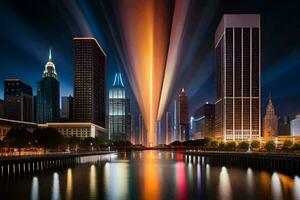 un ciudad horizonte a noche con luces brillante en él. generado por ai foto