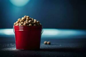 a bucket filled with peanuts on a dark surface. AI-Generated photo