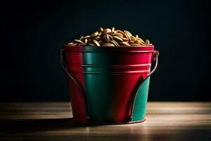 a red and green bucket filled with peanuts. AI-Generated photo