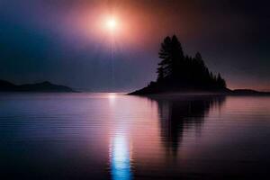 a moonlight night on a lake with a tree in the middle. AI-Generated photo