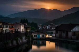 a river runs through a town with houses and mountains in the background. AI-Generated photo