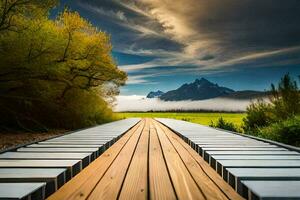a wooden bridge over a field with mountains in the background. AI-Generated photo