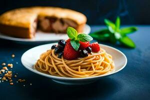 spaghetti with berries and mint leaves on a plate. AI-Generated photo