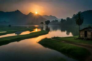 the sun rises over a rice field and a hut. AI-Generated photo