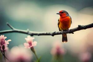 a red bird sits on a branch with pink flowers. AI-Generated photo