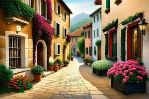 a painting of a street with flowers and plants. AI-Generated photo