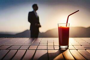 a glass of juice with a man in the background. AI-Generated photo