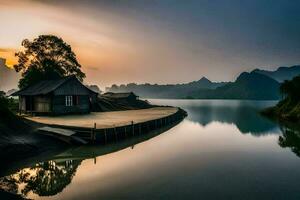 a small wooden house sits on the shore of a lake. AI-Generated photo
