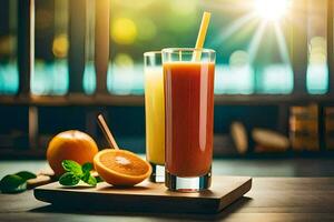 two glasses of orange juice with straws on a wooden table. AI-Generated photo