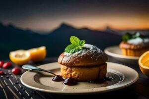 un postre en un plato con un taza de té. generado por ai foto