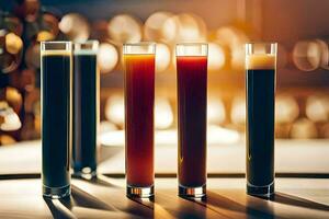 five different colored drinks in glasses on a table. AI-Generated photo