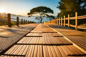 a wooden bridge with a tree in the background. AI-Generated photo