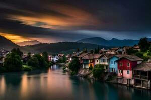 un río carreras mediante un pueblo a puesta de sol. generado por ai foto