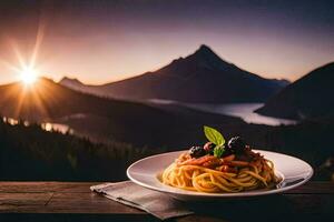 a plate of pasta with a mountain view. AI-Generated photo