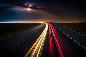 un largo exposición fotografía de un autopista a noche. generado por ai foto