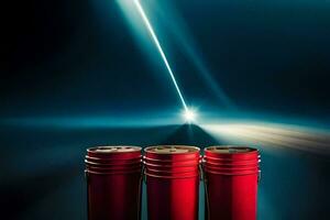 three red cans with a light shining on them. AI-Generated photo