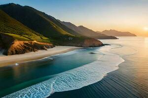 un playa y montañas a puesta de sol. generado por ai foto