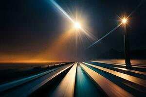 un largo exposición fotografía de un tren pista a noche. generado por ai foto