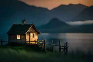 a small cabin sits on the edge of a lake at sunset. AI-Generated photo