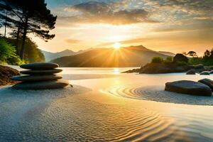 the sun rises over the mountains in the background. AI-Generated photo