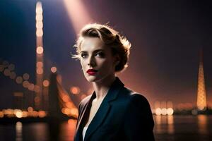 a woman in a suit and red lipstick standing in front of a city skyline. AI-Generated photo