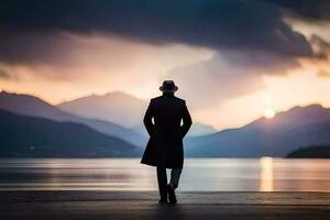 un hombre en un sombrero y Saco soportes en el apuntalar de un lago a puesta de sol. generado por ai foto