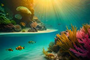 the sun shines over coral reefs and fish. AI-Generated photo