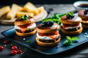 mini burgers with cheese and tomatoes on a black plate. AI-Generated photo