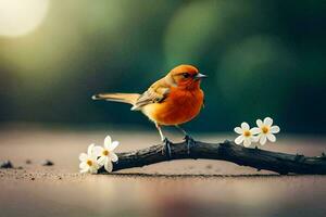 a small bird is perched on a branch with flowers. AI-Generated photo