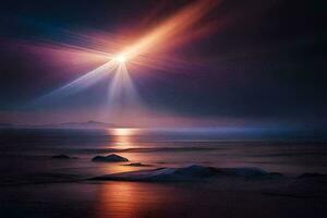 a bright light shining over the ocean. AI-Generated photo