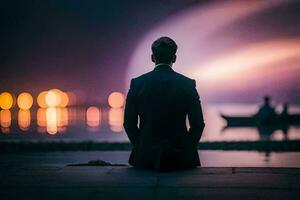 a man in a suit sitting on the edge of a dock at night. AI-Generated photo