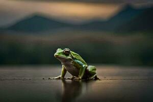 a frog sitting on the ground in front of a lake. AI-Generated photo