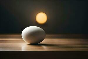 un blanco huevo sentado en un mesa en frente de un ligero. generado por ai foto