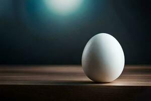 an egg sitting on a table in front of a bright light. AI-Generated photo