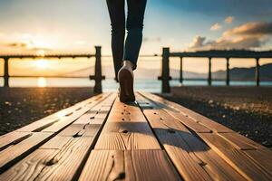 a person walking on a wooden walkway at sunset. AI-Generated photo